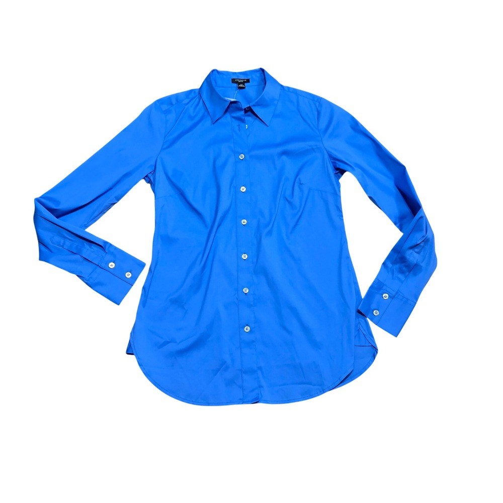 Ann Taylor NWT Petite Blue Button Down Shirt Long Sleeve Stretch Cotton 2P NEW